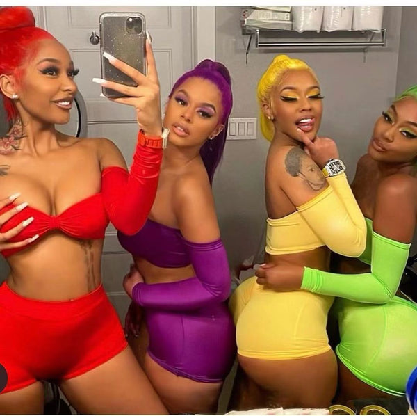 Sexy Solid Off the Shoulder Long Sleeve Crop Top + Shorts 2 Piece Outfits Women's Candy Colors Club Two Piece Set Women