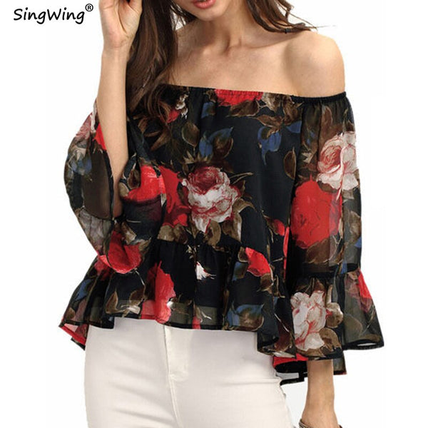 Sexy Strapless Three Quarter Sleeve Chiffon Blouses Short Style Slash Neck Shirts women chiffon Blouse Top