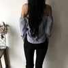 Sexy Stripe Blouse Women Autumn Long Sleeved Shirts Tops Off Shoulder Button Blouses Strapless Slash Neck Blouse Clothes