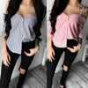 Sexy Stripe Blouse Women Autumn Long Sleeved Shirts Tops Off Shoulder Button Blouses Strapless Slash Neck Blouse Clothes
