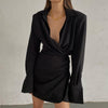 Sexy Swinging Collar Mini Dress Slim Solid Basic Dress Women Sundress Trendy Short Dress Casual Long Sleeve Costume Hot