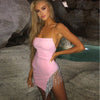 Sexy Tassel Diamonds Party Dress Women Spaghetti Straps Backless Split Bodycon For Women Elegant Dress