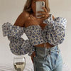 Sexy Top Women Blue Floral Print Front Top and Blouses Square Collar Puff Sleeve Elegant Vintage Shirt Tops Mujer Chic