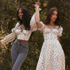 Sexy Top Women Blue Floral Print Front Top and Blouses Square Collar Puff Sleeve Elegant Vintage Shirt Tops Mujer Chic