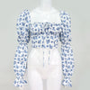 Sexy Top Women Blue Floral Print Front Top and Blouses Square Collar Puff Sleeve Elegant Vintage Shirt Tops Mujer Chic