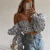 Sexy Top Women Blue Floral Print Front Top and Blouses Square Collar Puff Sleeve Elegant Vintage Shirt Tops Mujer Chic