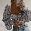 Sexy Top Women Blue Floral Print Front Top and Blouses Square Collar Puff Sleeve Elegant Vintage Shirt Tops Mujer Chic