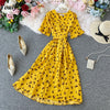 Sexy V-Neck Floral Print Boho Beach Party Dress 2023 Summer Ruffle Short Sleeve Lace Up Belt Midi Dress Wrap Sundress Slim Dress