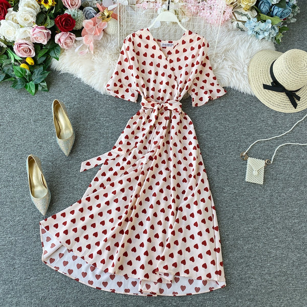 Sexy V-Neck Floral Print Boho Beach Party Dress 2023 Summer Ruffle Short Sleeve Lace Up Belt Midi Dress Wrap Sundress Slim Dress