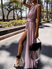 Sexy V-neck Backless Cross Lace-up Long Dress Elegant High Split Pleated Beach Party Dress Women Solid Sleeveless Summer Dresses