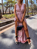 Sexy V-neck Backless Cross Lace-up Long Dress Elegant High Split Pleated Beach Party Dress Women Solid Sleeveless Summer Dresses