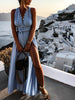Sexy V-neck Backless Cross Lace-up Long Dress Elegant High Split Pleated Beach Party Dress Women Solid Sleeveless Summer Dresses