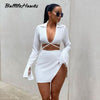 Sexy White Drawstring Long Sleeve Crop Top Summer Two Piece Slit Mini Skirt Set Women Club 2 Piece Skirts Outfits 2023