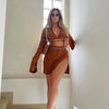 Sexy White Drawstring Long Sleeve Crop Top Summer Two Piece Slit Mini Skirt Set Women Club 2 Piece Skirts Outfits 2023