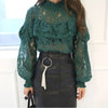 Sexy White Green Black Lace Flower Blouse Shirt Hollow Out Mesh Ruffle Transparent Blusas Women Lantern Sleeve Blouse