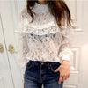 Sexy White Green Black Lace Flower Blouse Shirt Hollow Out Mesh Ruffle Transparent Blusas Women Lantern Sleeve Blouse