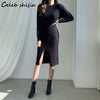 Sexy Woman Knit Dress Split Autumn High Waist Apricot Chic Mid Dress Sweater Vestido Korean Runway Knitwear Winter
