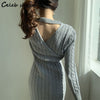Sexy Woman Knit Dress Split Autumn High Waist Apricot Chic Mid Dress Sweater Vestido Korean Runway Knitwear Winter