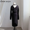 Sexy Woman Knit Dress Split Autumn High Waist Apricot Chic Mid Dress Sweater Vestido Korean Runway Knitwear Winter