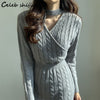 Sexy Woman Knit Dress Split Autumn High Waist Apricot Chic Mid Dress Sweater Vestido Korean Runway Knitwear Winter