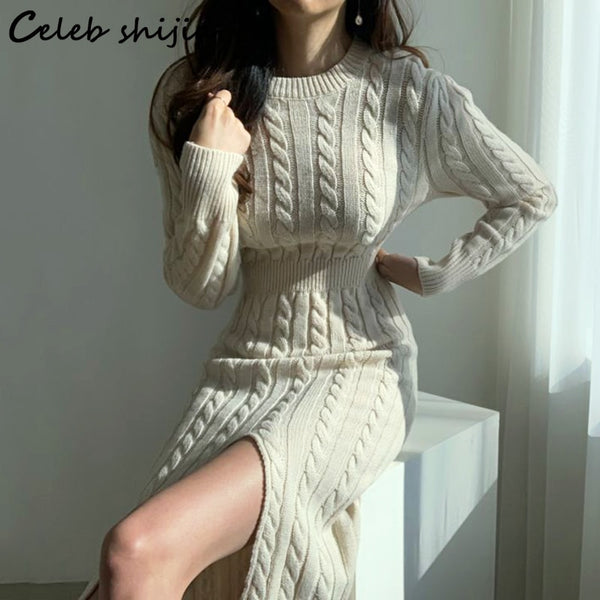 Sexy Woman Knit Dress Split Autumn High Waist Apricot Chic Mid Dress Sweater Vestido Korean Runway Knitwear Winter