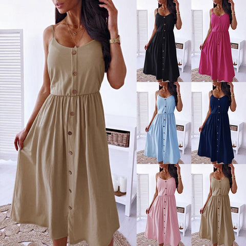 Sexy Women Beach Dresses Summer Solid Linen Buttons Sleeveless Camisole Casual A-Line Midi Dress Sundress Платья Для Женщин 2022