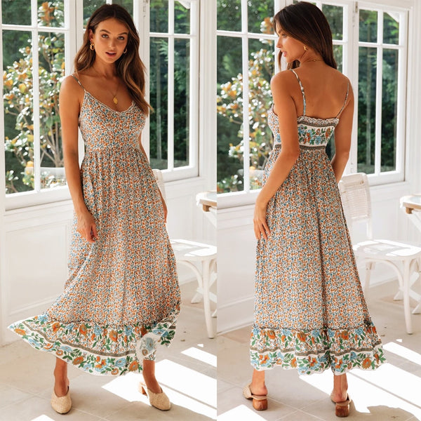 Sexy Women Bohemian Summer Holiday Maxi Dress Ruffles Strap Sleeveless Backless V-Neck Print Slim Long Dress Streetwear