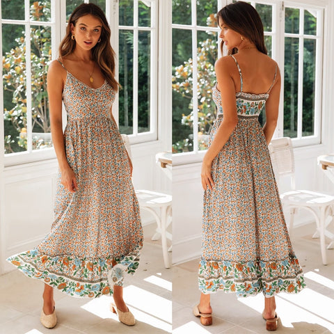Sexy Women Bohemian Summer Holiday Maxi Dress Ruffles Strap Sleeveless Backless V-Neck Print Slim Long Dress Streetwear