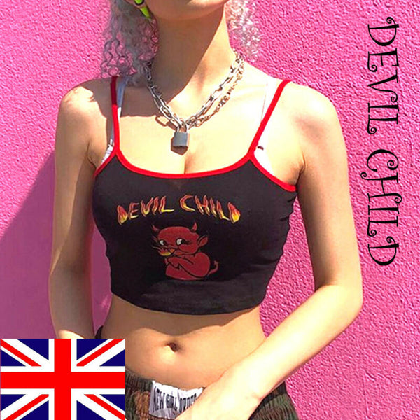 Sexy Women Crop Top 2022 Summer Devil Child Strap Tank Tops Cropped Feminino Ladies Elastic Shirt Vest Camisole