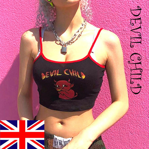 Sexy Women Crop Top 2022 Summer Devil Child Strap Tank Tops Cropped Feminino Ladies Elastic Shirt Vest Camisole