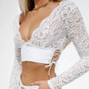 Sexy Women Deep V Neck Long Sleeve Drawstring Lace Crop Top Backless Blouse