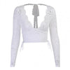 Sexy Women Deep V Neck Long Sleeve Drawstring Lace Crop Top Backless Blouse
