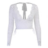 Sexy Women Deep V Neck Long Sleeve Drawstring Lace Crop Top Backless Blouse
