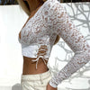 Sexy Women Deep V Neck Long Sleeve Drawstring Lace Crop Top Backless Blouse