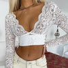 Sexy Women Deep V Neck Long Sleeve Drawstring Lace Crop Top Backless Blouse