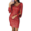 Sexy Women Dress Sequins Glitter Sparkle Deep V Neck Sequins Tassel Long Sleeves Short Mini Evening Party Wrap Hip Package Dress