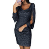 Sexy Women Dress Sequins Glitter Sparkle Deep V Neck Sequins Tassel Long Sleeves Short Mini Evening Party Wrap Hip Package Dress