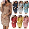 Sexy Women Dress Sequins Glitter Sparkle Deep V Neck Sequins Tassel Long Sleeves Short Mini Evening Party Wrap Hip Package Dress