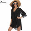 Sexy Women Dress Summer Transparent Beach Dresses Loose Swimwear 3/4 Sleeve Dot Print V-neck Cover-up Dress Tunic Robe Femme