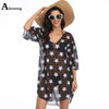 Sexy Women Dress Summer Transparent Beach Dresses Loose Swimwear 3/4 Sleeve Dot Print V-neck Cover-up Dress Tunic Robe Femme