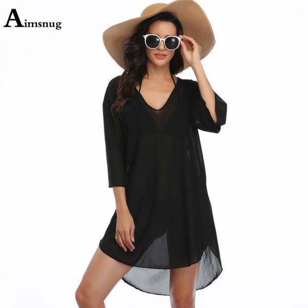 Sexy Women Dress Summer Transparent Beach Dresses Loose Swimwear 3/4 Sleeve Dot Print V-neck Cover-up Dress Tunic Robe Femme