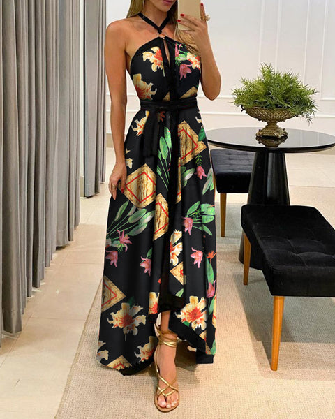 Sexy Women Halter Backless Maxi Dress Sleeveless Floral Print Long Dresses 2023 Summer Beach Party Ladies Vestidos