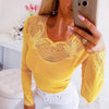 Sexy Women Long Sleeve See Through Beads Decor O Neck Waist Tight Sliming Blouse Top Spring Summer Blouse Women Shirts