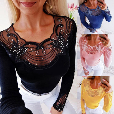 Sexy Women Long Sleeve See Through Beads Decor O Neck Waist Tight Sliming Blouse Top Spring Summer Blouse Women Shirts