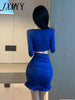 Sexy Women Nightclub V-neck Hollow Out Long Sleeve  Bodycon Pleated Ruffled Short Skirt Evening Club Party Dress Ladies