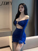 Sexy Women Nightclub V-neck Hollow Out Long Sleeve  Bodycon Pleated Ruffled Short Skirt Evening Club Party Dress Ladies