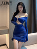 Sexy Women Nightclub V-neck Hollow Out Long Sleeve  Bodycon Pleated Ruffled Short Skirt Evening Club Party Dress Ladies