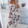 Sexy Women Off Shoulder Floral Print Dress Summer Casual V Neck Elegant Holiday Dress Female High Waist Slim Short Sleeve Dress