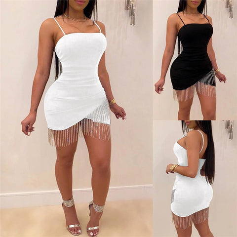 Sexy Women Sleeveless Strap Tassels Bodycon Dress Clubwear 2022 Summer Evening Party Bandage Short Mini Asymmetrical Hem Dresses