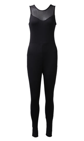 Sexy Women Summer Stretch Pants Mesh Patchwork Bodysuit Sexy Hole Back Solid Black Bodycon Bandage Jumpsuit